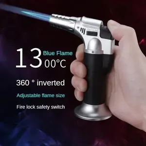 (Butane Not Included) Powerful Butane Lighter with Adjustable Flame - Refillable, 360° Reversible, Safety Lock Switch for Camping, BBQ, Kitchen, Survival - Compatible with Butane Gas Canisters, Flame Butane Lighter Windproof, BBQ Accessories
