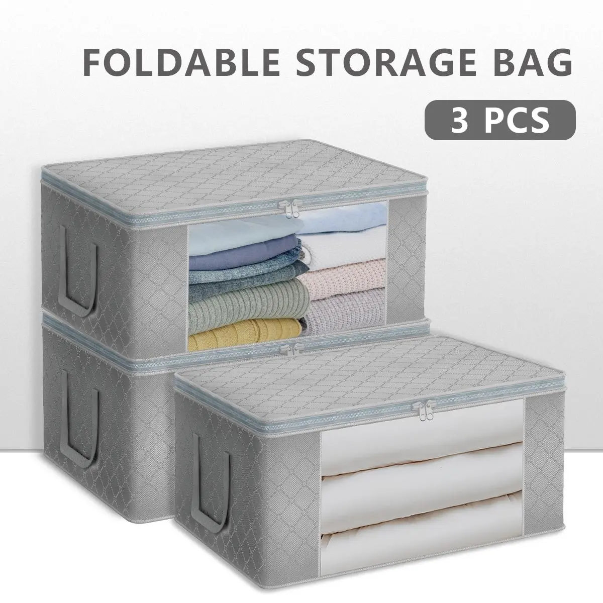 3pcs Gray Quilted Fabric Stackable Storage Cubes - Transparent Viewing Window, Durable Handles, Foldable, Portable Home Organization Solutions, Closet Collapsible Neutral Home Decor Organizer