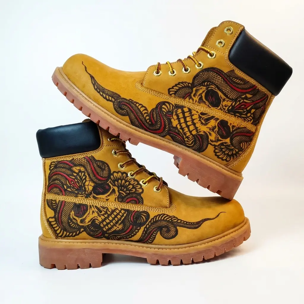 Men's Casa Moto Cowboy Boots - Customizable Woodcut Upper, Cow Hide, Basic Laces, Western Street Style, Waterproof, Classic Vintage Biker Skull Work Boots boots for men