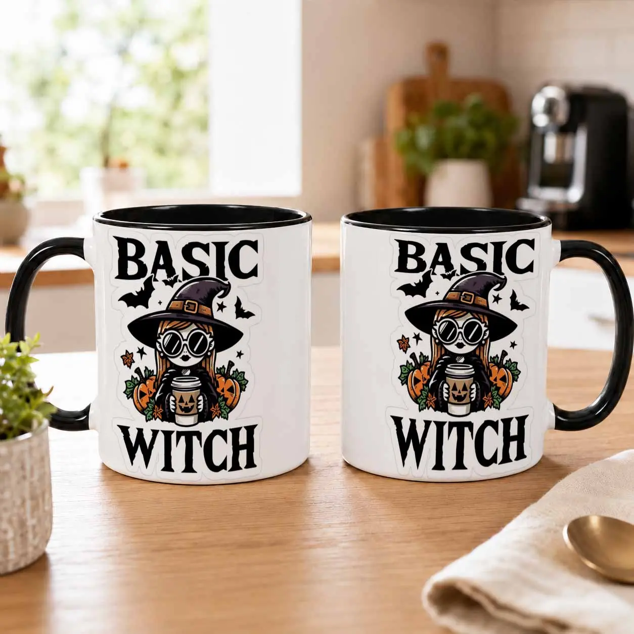 Basic Witch Coffee Mug (11oz/15oz)  Charming Halloween Pumpkin and Magical Wizard Hat Graphic Print  Durable Ceramic Aesthetic Drinkware for Fall Festive Parties  Office Desk Decor  Cozy Morning Beverage Rituals.
