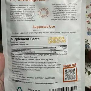 Product Review of Micro Ingredients Vitamin D3 K2 5000IU Softgels | Infused with Sunflower Seed Oil, Vitamin K2 MK7 + Vitamin D Supplement, Non-GMO, No Gluten from A**s H**n
