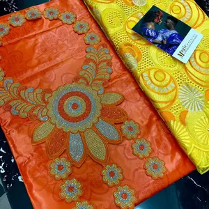 3Pcs Mix Match Luxury fabric combo, Lace, Bazin and Gorgeous Neck embroidery Bazin Riche Fabrics