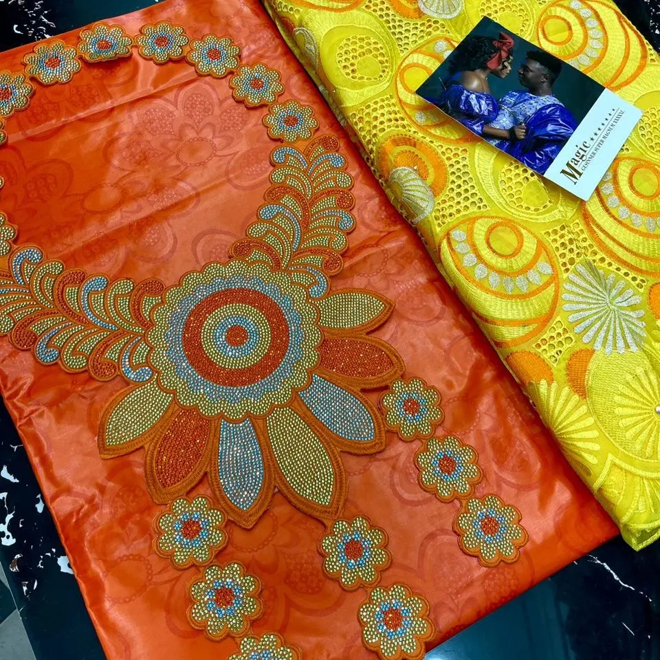 3Pcs Mix Match Luxury fabric combo, Lace, Bazin and Gorgeous Neck embroidery Bazin Riche Fabrics