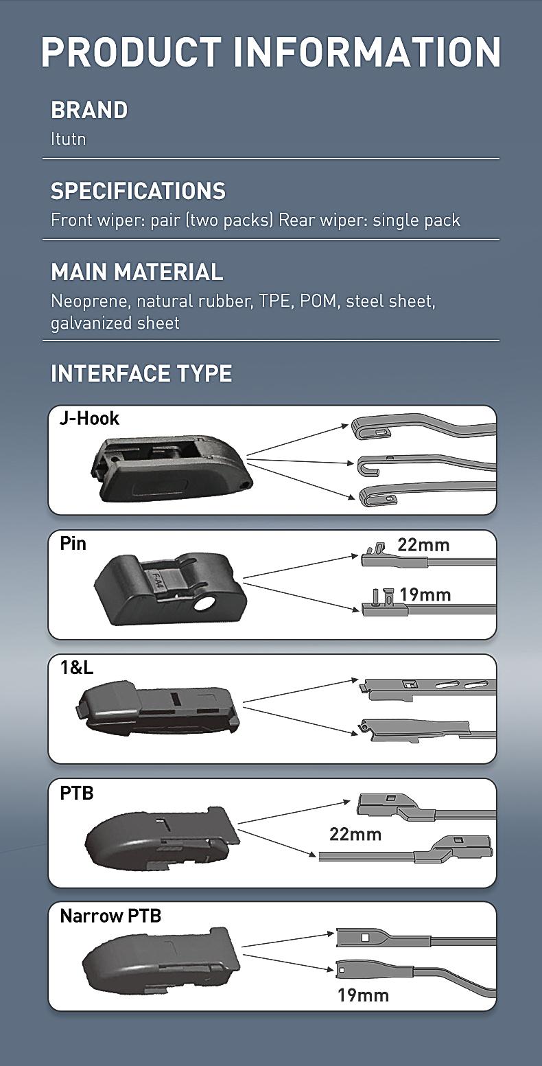 ITUTN Ultra Quiet Frameless Wipers Blades - OEM Quality, Streak-Free | 5 Adapters, Fits 99% Vehicles, All-Season universal quiet windshield wipers,Easy Install,Car Parts,Auto Parts