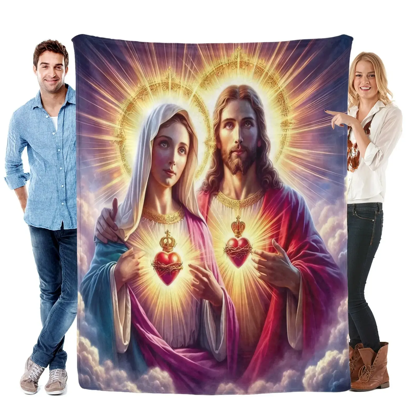 Sacred Heart of Jesus & Mary Flannel Blanket Soft Cozy Gift Throw with Inspirational Christian Design Perfect for Gifting to Believers Snuggling Warmly or Adding Devotional Spiritual Charm to Any Home Space, Blankets For