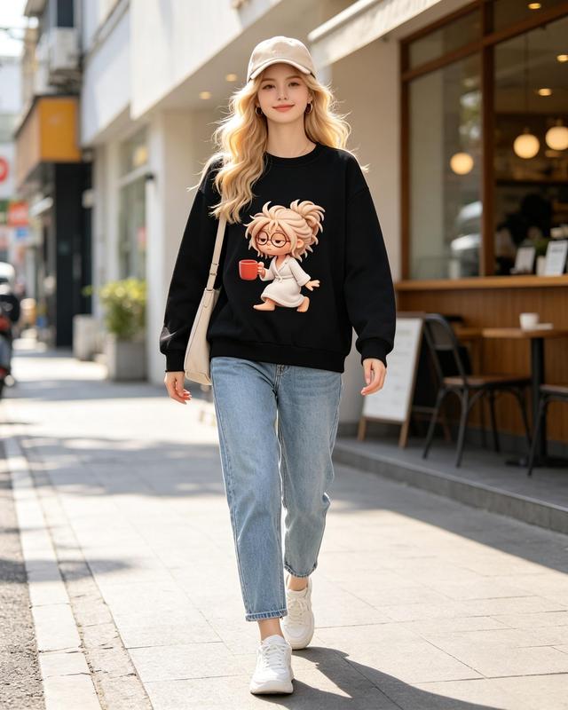 Women's Fitted Cotton 3D Coffee Girl Graphic Crewneck Sweatshirt - Casual Fall Pullover, Comfortable Everyday Top Pairable with Jeans & Leggings