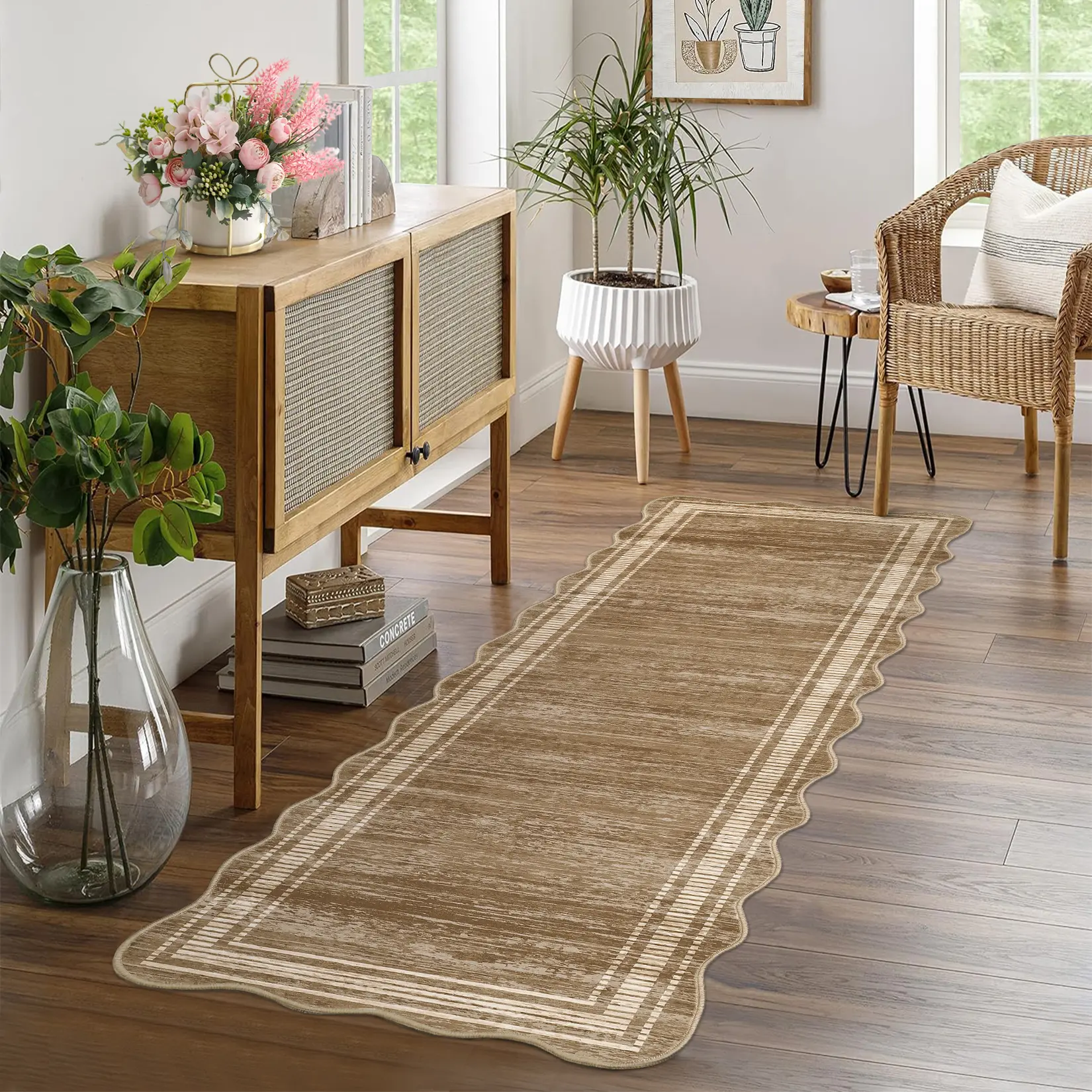 2 x 6 ft Polyester Light Brown Rectangular Machine Washable Geometric Bordered Laundry Bathroom Kitchen Machine Washable Runner Rug, Durable Area Rugs, Home Decor Rug, Household Decorative Rug