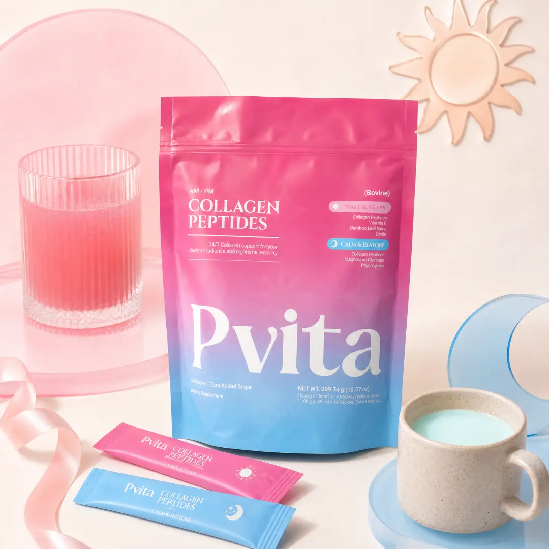 Collagen Booster –  Bovine Collagen Peptides, 28 Stick Packs for Skin & Hair Health Pvita AM & PM