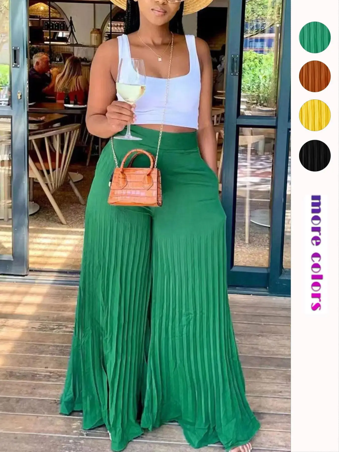 Women's Pocket Pleated Wide Leg Pants, Casual High Waist Trousers for Spring & Fall, Women's Bottoms for Daily Vacation Party