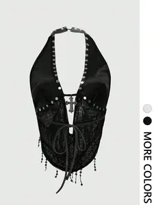 Sheer Mesh Halter Neck Top with Beaded Tassels - Ideal for Date Nights, Parties & Gothic Outfits | Y2K Fashion, Edgy Going Out Top