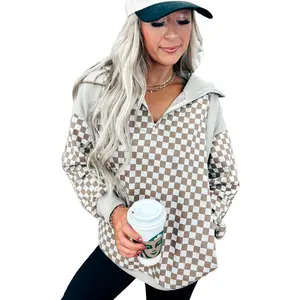 Khaki Checkered Print Quarter Zip Ribbed Patchwork Loose Sweatshirt