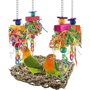 Parrot toys, bird hammock made of straw, with colorful toys, suitable for budgies, cockatoos, sun conures, lovebirds, and other small birds