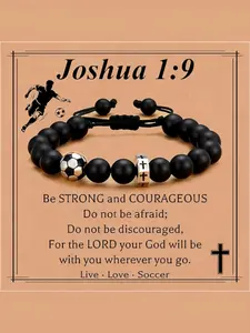 1pc Adjustable Soccer Cross Beaded Bracelet, Joshua 1:9 Faith Inspirational Sports Religious Fashion Accessory for Men Boys, Daily Soccer Game Christian Birthday Gift, Viral Trendy Jewelry