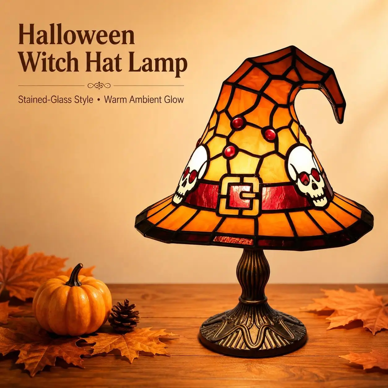 Halloween Witch Hat Table Lamp, Stained Glass Style Night Light with Ghost Skull Bat Design, Spooky Cute Indoor Decor for Bedroom Mantel Living Room Party