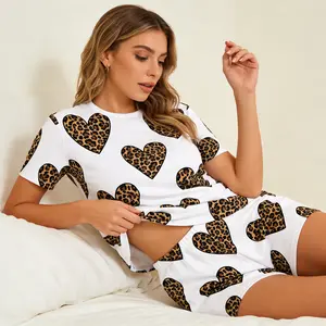 Two-Piece Set Women's Leopard Heart Print Pajama Set Soft Cotton Short Sleeve Top & High Waist Shorts Cute Animal Print Sleepwear for Summer Comfy Loungewear Homewear