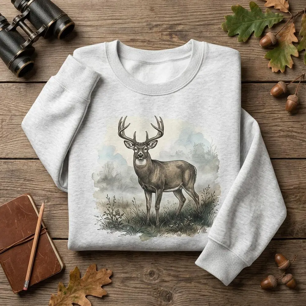 Women's Vintage Graphic Sweatshirt, Long Sleeve Round Neck Heavy Blend Pullover with Whitetail Deer Print, Cottagecore Gift for Hunter, Crew Neck, Retro, Hand Wash,Do Not Dry Clean, Fitted Cut