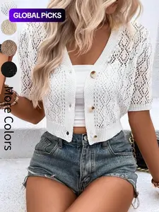 Women's V Neck Plain Hollow Out Button Front Knit Cardigan, Casual Spring Summer Short Sleeve Cute Lightweight Short Cardigan, Fashion Women's Knitwear for Daily Wear, Summer Tops for Women, Short Sleeve Cardigan for Women