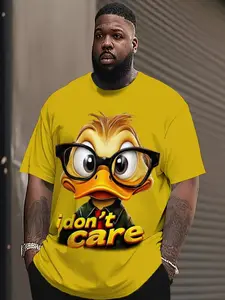 Men's Plus Size Funny Duck Graphic T-Shirt, Casual Streetwear Loose Fit Tee, Top, Geometric Design, Short Sleeve, Comfortable Fabric, Elastic, Menswear
