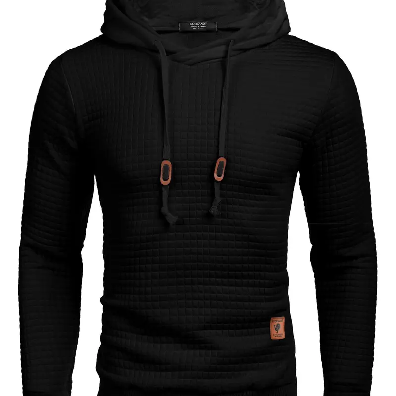 Coofandy Fall Outfits Men's Black Waffle Knit Hoodie with Adjustable Drawstring Casual Long Sleeve Pullover for Daily Wear & Street Style