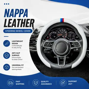 Nappa Leather Steering Wheel Cover with Tri-Color Centering Mark Non-Slip Ultra-Thin Universal Car Grip for All Seasons Lightweight Design Anti-Slip Surface Universal Fit