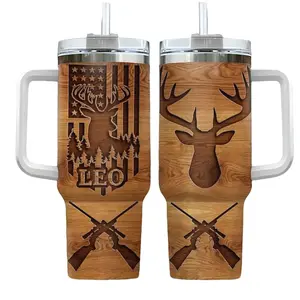 Deer Hunter Personalized 40oz Tumbler with Handle Stainless Steel Insulated Cup Rustic Gift for Dad, Husband & Outdoor Lovers