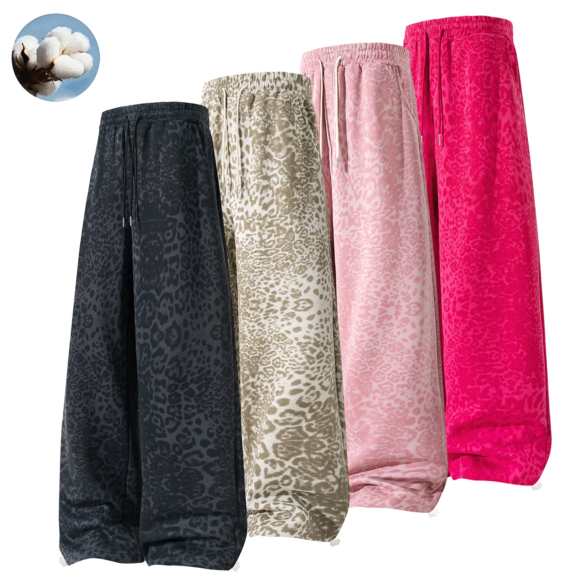 Men’s soft cotton leopard print wide-leg sweatpants with elastic drawstring waist, loose casual long pants with side pockets, available in multiple colors