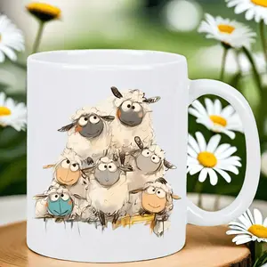 Cute Sheep Family Ceramic Mug - Adorable Cartoon Sheep Design with Expressive Eyes & Fluffy Fleece Texture, Durable White Glossy Coffee Cup for Home, Office, Tea & Dairy-Free Drinks, Smooth-Finish Novelty Gift for Adults & (Farmhouse Kitchenware)