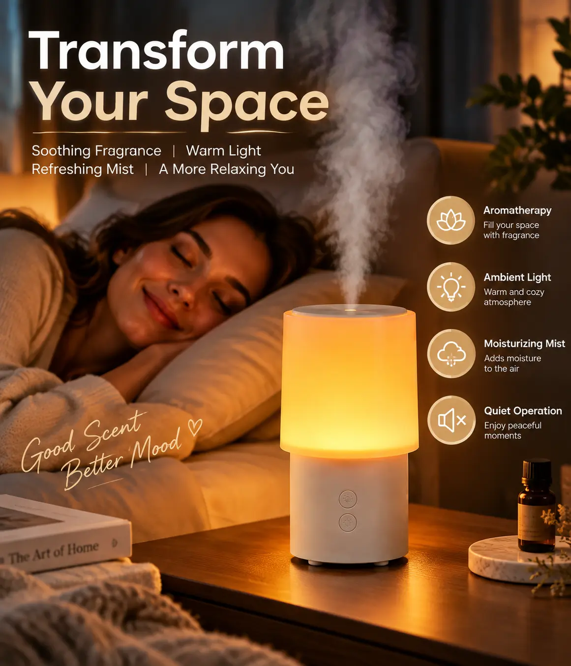 Electric Home Aroma Diffuser, Home Fragrance Diffuser with Warm Ambient Light and 2 Mist Modes
