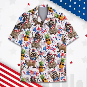 Raccoon & Pineapple Hawaiian Shirt, Patriotic USA Button Up Shirt, Red White Blue Animal Print, 4th of July Party Shirt
