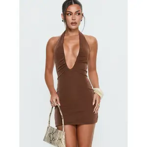 French 75 Plunge Halter Mini Dress Chocolate
