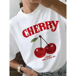 Women's Cotton Cherry Graphic T Shirt Casual Round Neck Short Sleeve Top with Cherry & Letter Print for Spring Summer Autumn