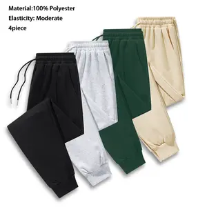 4-piece set, men's casual pants, multiple colors, regular version solid color pants, wearable all year round, ankle-length trousers, grey drawstring sports pants Sports pants elastic men's clothing, polyester fiber;