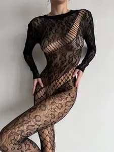 Black Lace Fishnet Bodystocking, Long Sleeve See Through Catsuit for Women, One Size Stretchy Mesh Lingerie