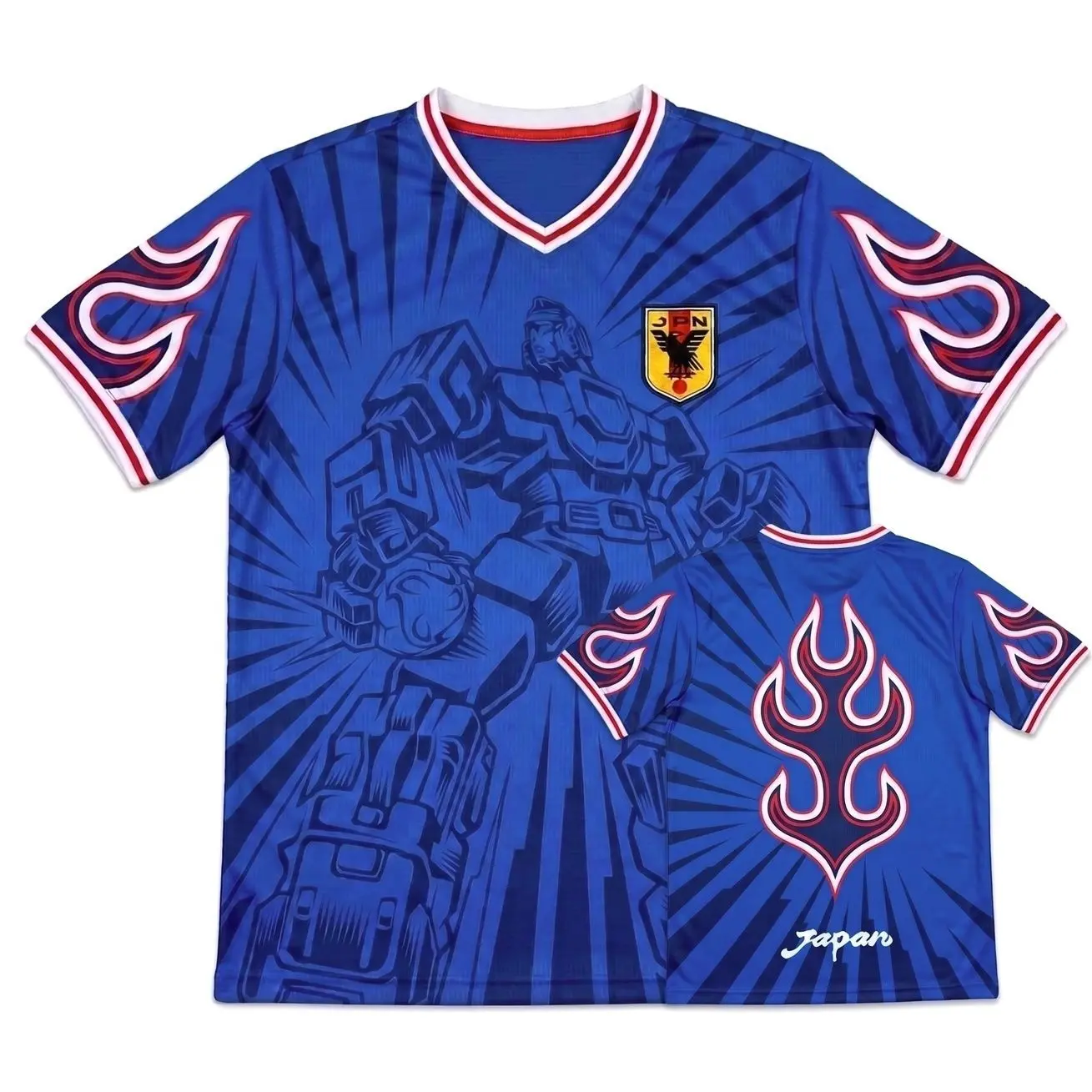 Blue Japan Mecha Robot Soccer Jersey | Flame Sleeve Graphic Football Shirt Anime Blokecore Streetwear