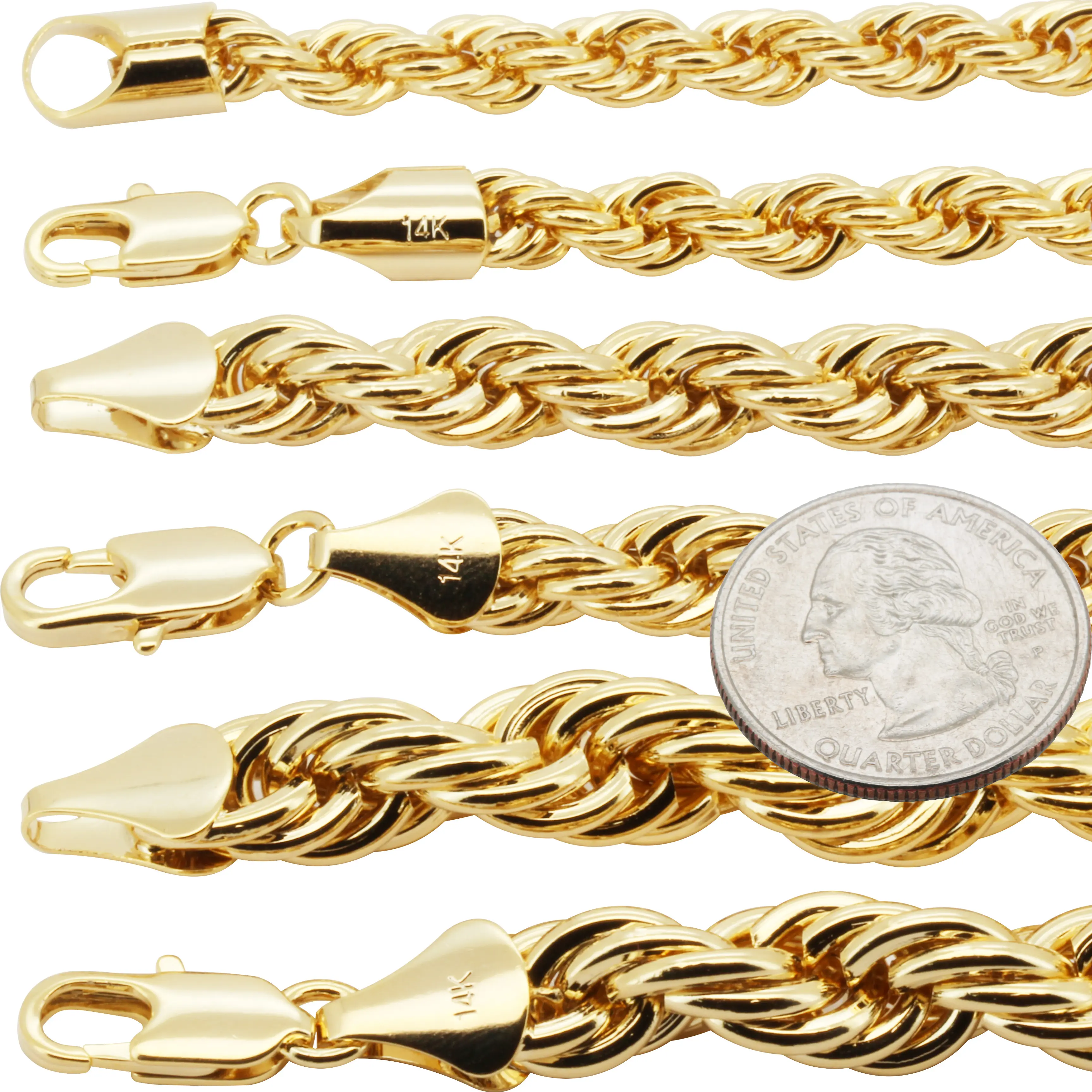 14k Yellow Gold Plated 6-10mm Rope Chain Necklace Bracelet 8"-30"