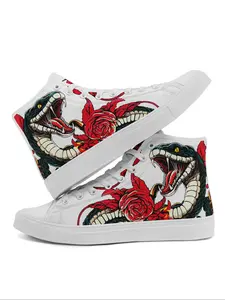 Men's Fashionable Snake & Rose Print Lace Up High Top Sneakers, Casual Comfortable Sports Shoes for Daily Wear, Male All-match Round Toe Shoes