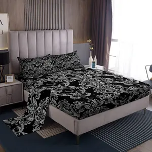 Feelyou Multi-Size Adults' Vintage Damask Floral Bedding Sheet Set - White Black Oriental Antique, Gothic Boho Skull Design, Soft Breathable Sheets