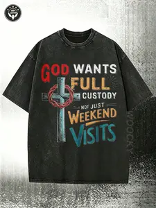 HOUMIK Menswear Men's Round Neck Short-Sleeve Baggy Christian Faith T-Shirt - God Wants Full Custody Not Just Weekend Visits Religious Graphic Top - Oversized Casual Shirt For Church