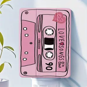 1PC Pink Retro Tape Pattern Tri-Fold Flip Tablet Case for iPad 10th/11th Gen, 10.2-inch, Pro 11-inch & Galaxy Tab S9 FE+ 12.4-inch. Built-in Stylus Slot, Auto Sleep/Wake, Anti-Slip Shockproof Stand Cover. Perfect for Daily Use, Valentine’s Day & All Festi