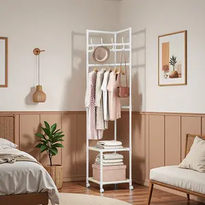 Corner Coat Rack with 2 Storage Shelves, Metal Garment Organizer with 360 °   Swivel Wheels Narrow Space-Saving Standing Clothes Hanger for Bedroom