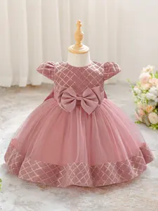 6M-3Y Dark Pink 193 Anniversary Baby Girls Clothes Infant Birthday Sparkling Sequins Bow Mesh Ball Gown Cocktail Dress Toddler Pageant Newborn Ball Gown Princess Baptism Frock