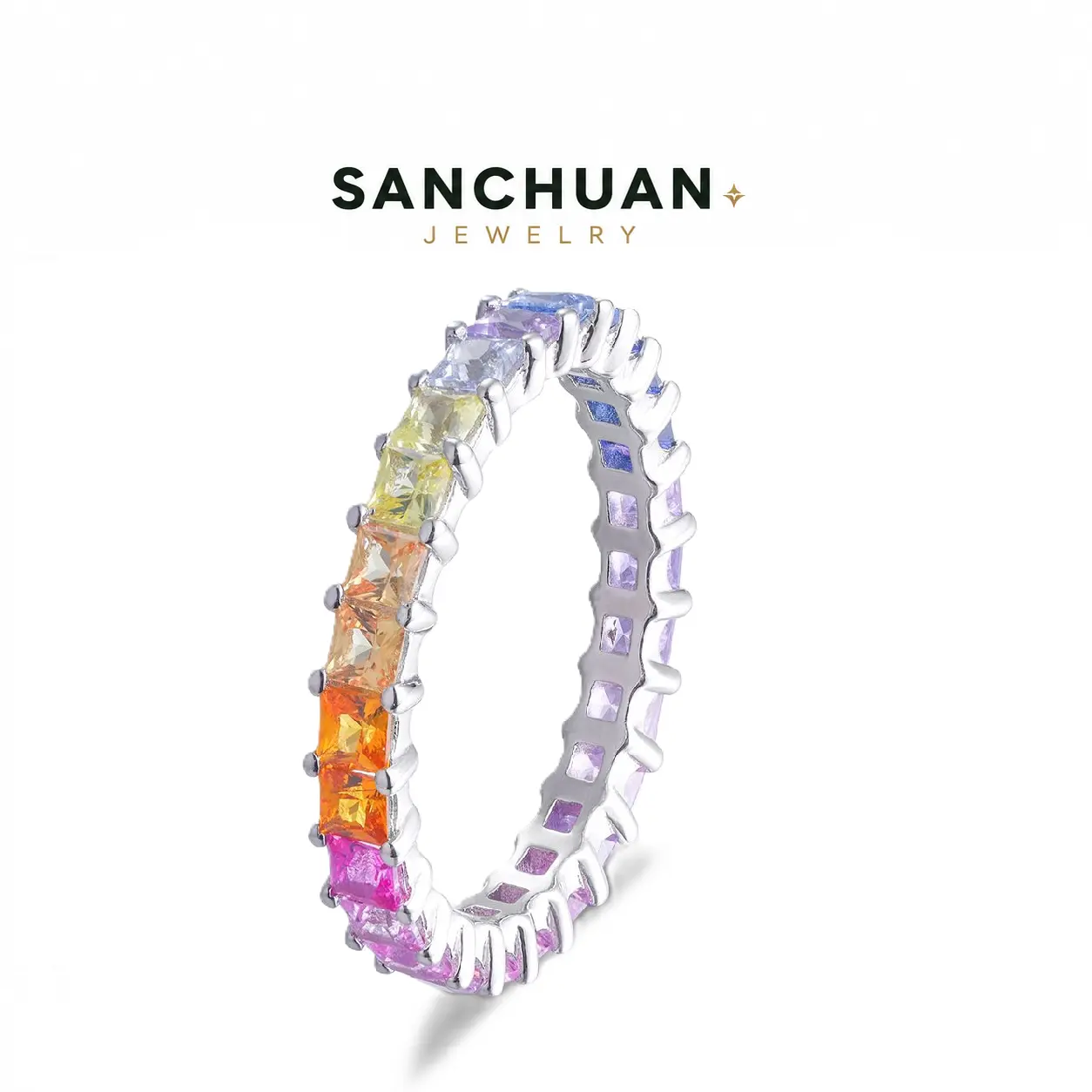 2026 New Rainbow Gradient Princess-Cut 2.5mm Lab-Grown Sapphire Eternity Ring, S925 Sterling Silver, 18K Gold Plated