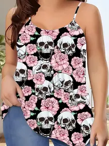 Women's Gothic Skull Rose Halter Top, Vintage Sleeveless Thin Strap Vest, Casual Loose Summer Streetwear, Punk Y2K Party Shirt