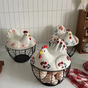 Farmhouse Ceramic Chicken Egg  Basket with Metal Wire & Lid, Multi-Functional Decorative Kitchen Storage Container for Eggs, Fruits, Multi-Grid Rotating Food Storage Organizer Bin & Meal Prep Container, Handwoven summervibes, easter baskets
