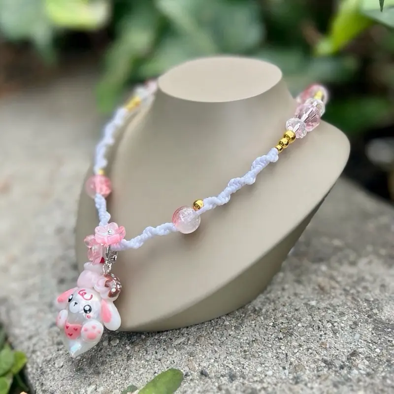 White Micro-Macrame Choker with Unique Baroque Pearl puppy Pendant, hand crafted Necklaces for Women, Gift Idea