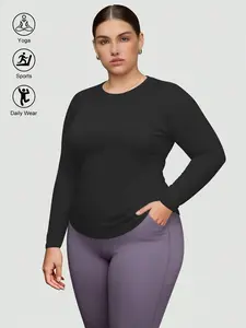 Women's Plus Size Round Neck Long Sleeve Slim Fit T-Shirt, Sporty Yoga Top, Breathable Workout Shirt for Running, Pilates, Gym