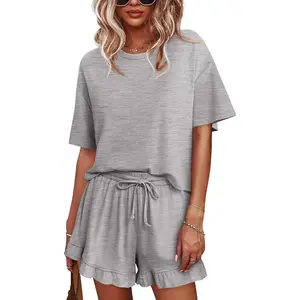 Goranbon Womens Pajamas Set Lounge Sets Cropped Short Sleeve T Shirts Drawstring Ruffle Shorts Soft Sleepwear