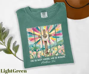 Comfort Colors He Is Not Here He Is Risen Shirt, Christian Easter Tee, Aesthetic Resurrection Sunday T-Shirt, Faith Floral Graphic Top, Religious Spring Gift, Trendy Worship Apparel