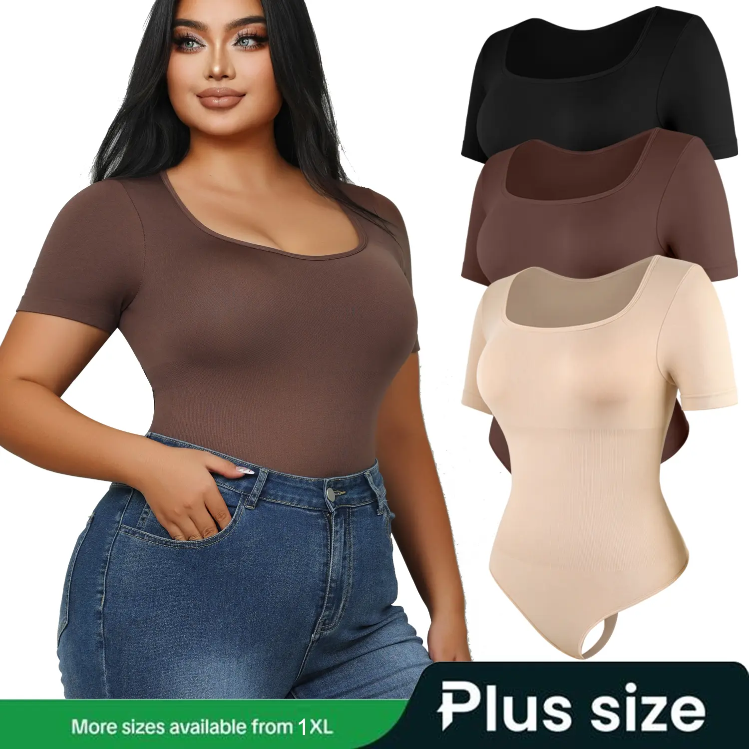 【Plus Size】Plus Size Square Neck Bodysuit for Women, Stretchy Tummy Control Thong Shapewear Top for Work & Wedding, Available up to 3XL, Stretchy Bodysuits, Casual, Seamless Panties, Tummy Control Bodysuits