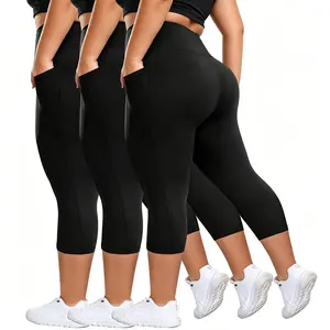 MUSE Theory Plus Size High Waist Capri Leggings With Pocket High Stretch Breathable Skinny Casual Summer Workout Pants Theory
